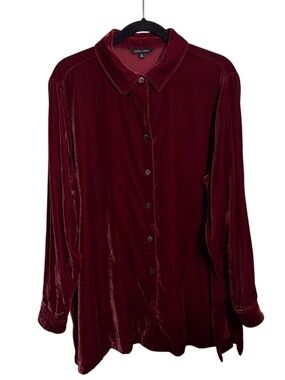 John Mark Size 1X Red Velvet Top Tunic Button Up Long Sleeve Holiday Collared